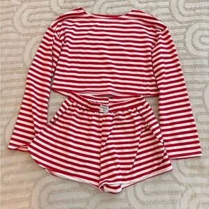 Red and White Striped Long Sleeve Top and Shorts PJ Set